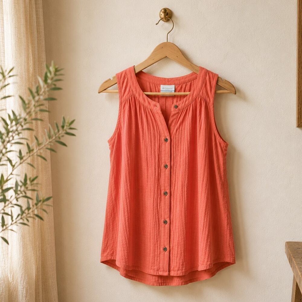Columbia Summer Ease Button Down Tank Top Coral Sleeveless Shirt Women's Small